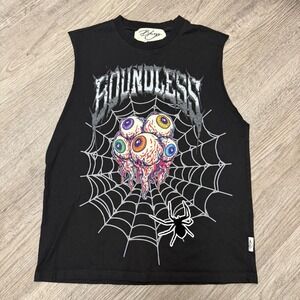BKYS Boundless Mens Graphic Muscle Tee Black Eyeballs‎ Spider Web Tank Top Small